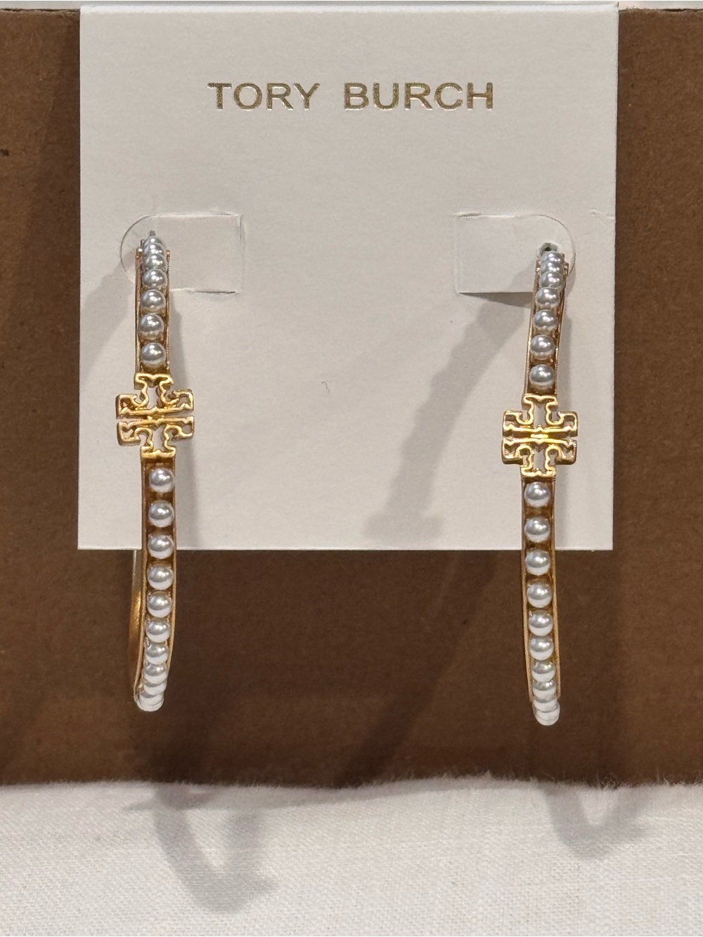 Tory Burch Gold Hoop Earrings with Pearl Accents and Logo